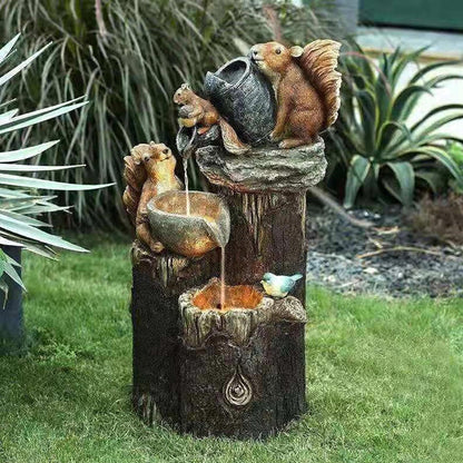Solar resin duck garden fountain with LED squirrel design, outdoor decor (E2).