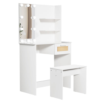 Vanity Desk Set Stool &amp; Dressing Table with LED Lighting Mirror Drawer and Wood Cosmetic Table Chest of Drawers White Color