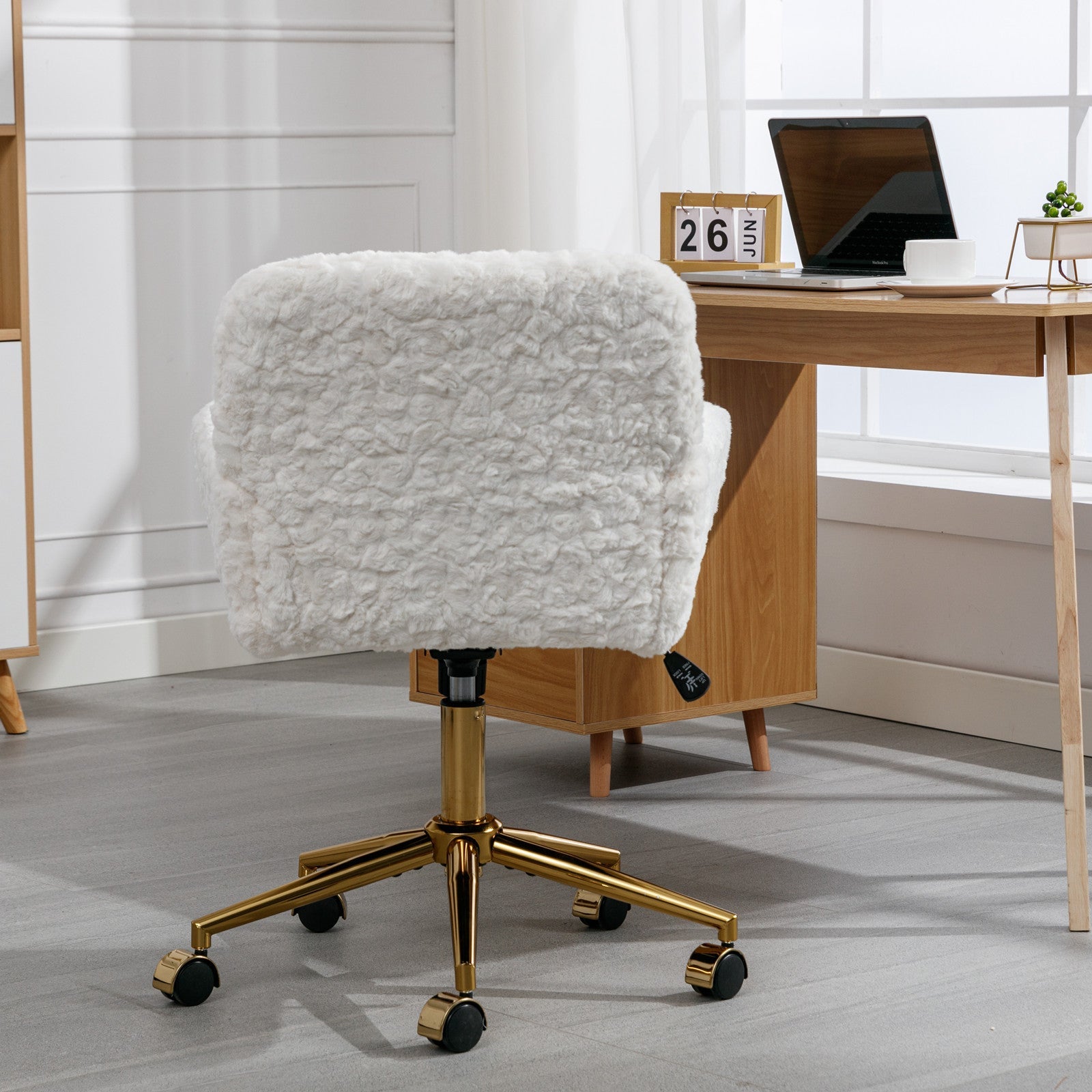Artificial rabbit hair gold metal base home office chair adjustable chair rotating office chair, dressing chair (beige)