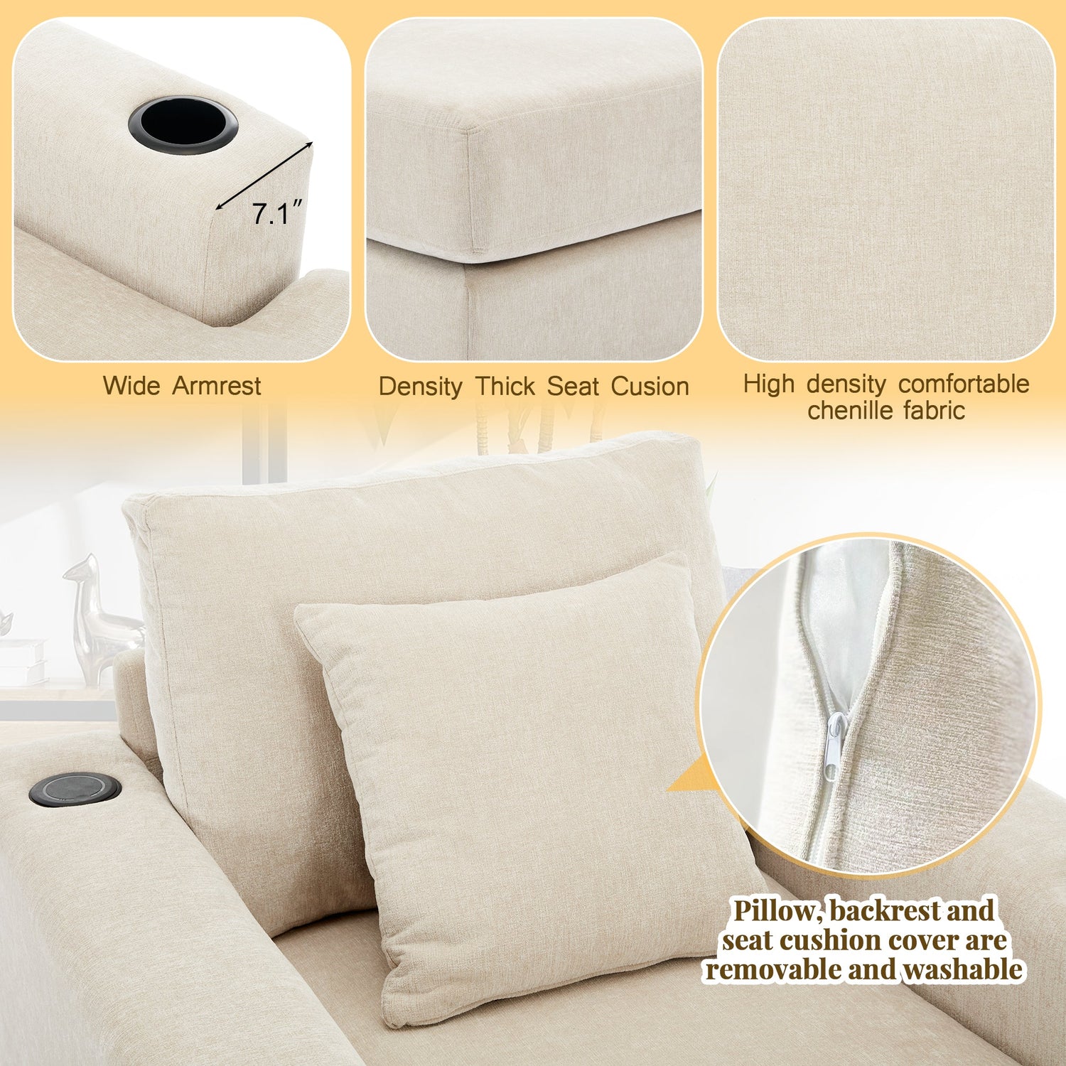 39.7" Oversized Chaise Lounger Modern Style Sofa Couch ,with Pillows, Charge Station &amp; Cup Holders, Chenille Fabric, Cream