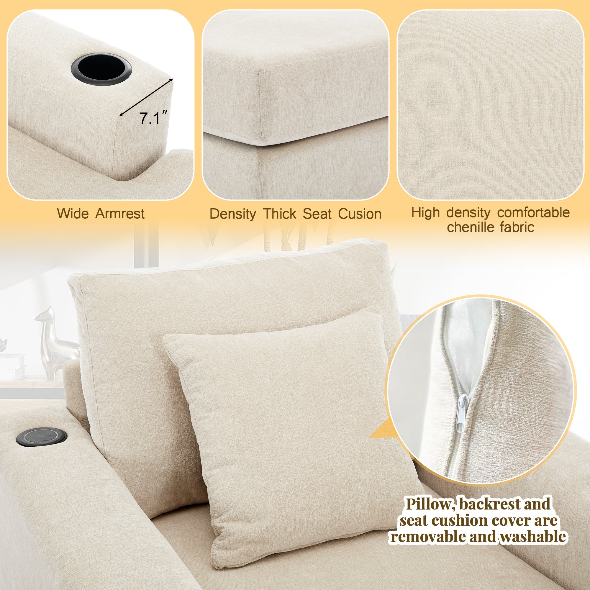39.7" Oversized Chaise Lounger Modern Style Sofa Couch ,with Pillows, Charge Station &amp; Cup Holders, Chenille Fabric, Cream