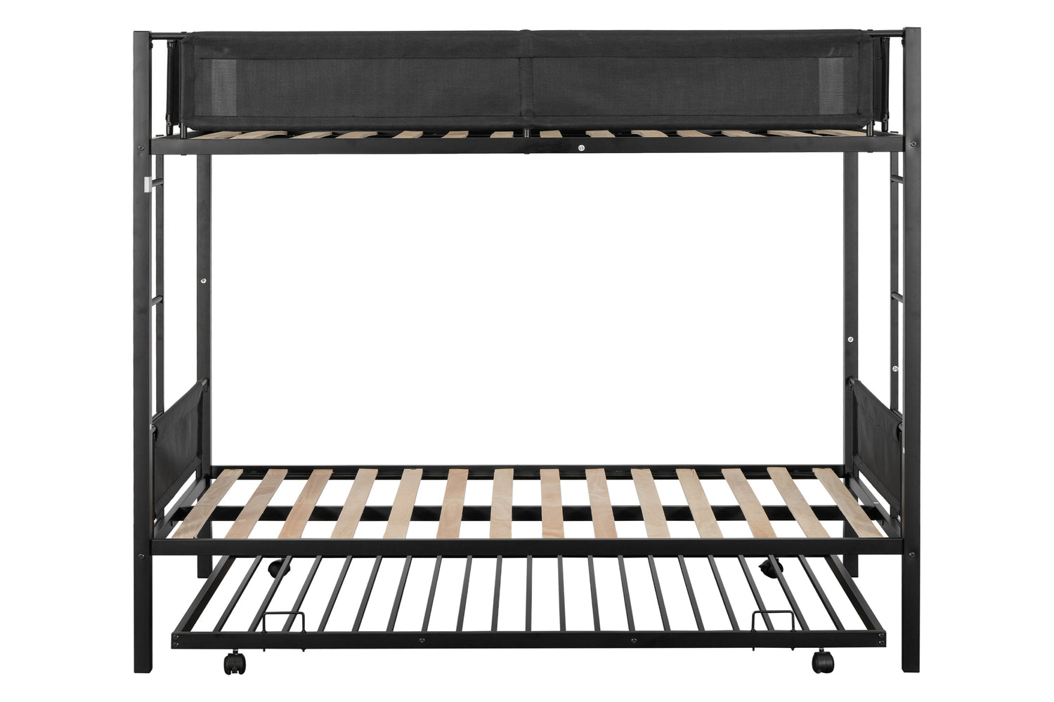 Metal double bed with casters/sturdy frame/no noise/comfortable guardrail/2 side ladders/no need for spring box