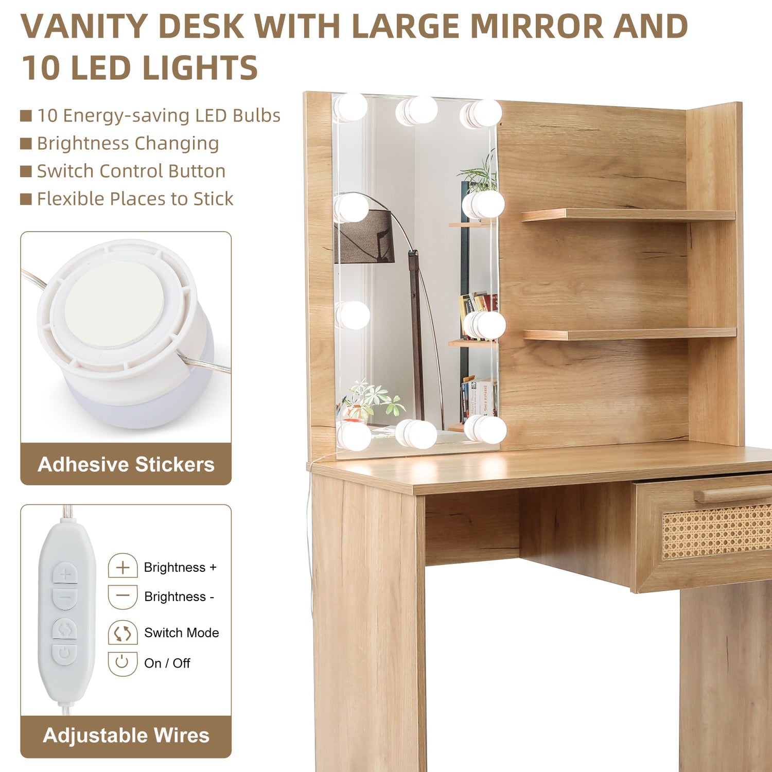 Vanity Desk Set Stool &amp; Dressing Table with LED Lighting Mirror Drawer and Wood Cosmetic Table Chest of Drawers Nature Color