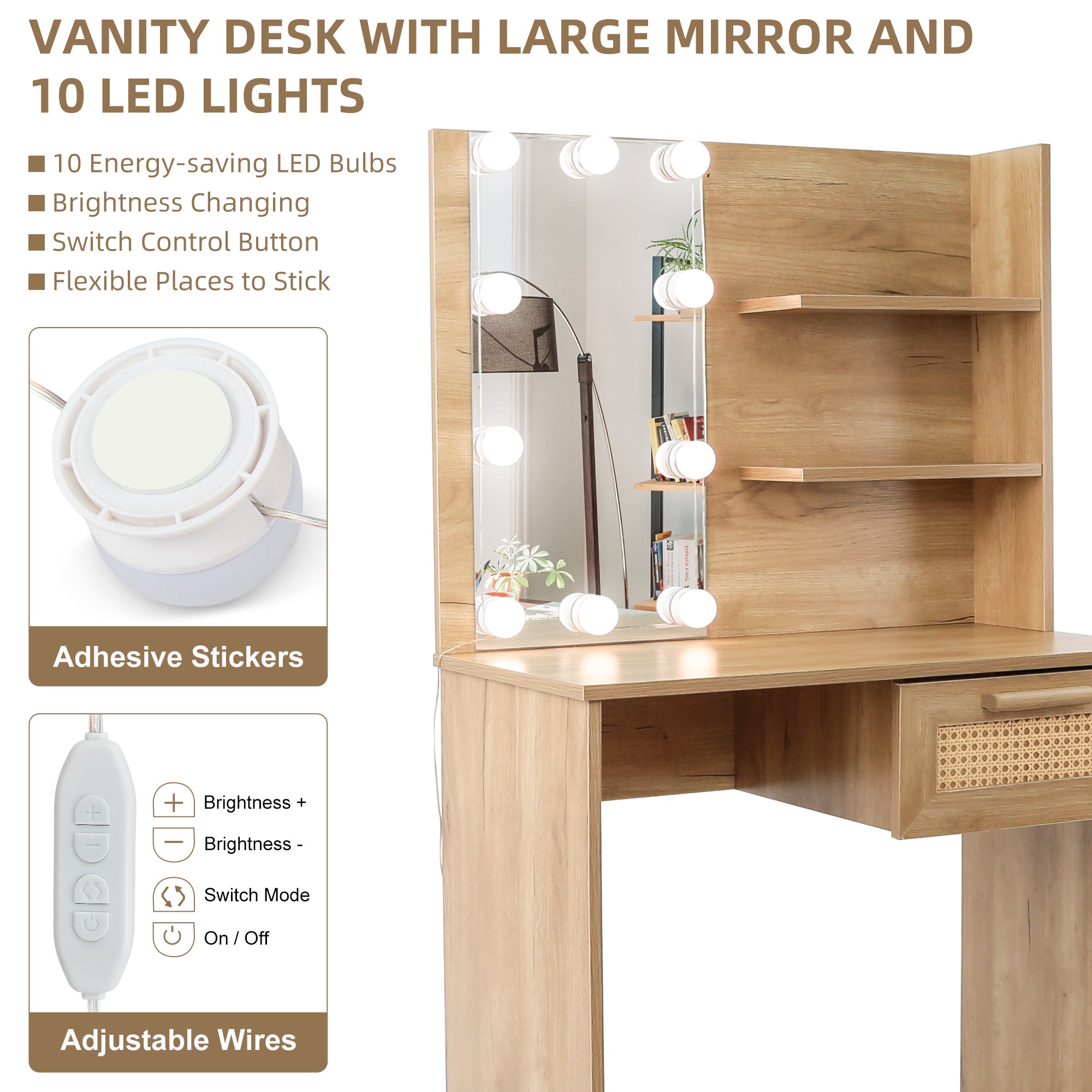 Vanity Desk Set Stool &amp; Dressing Table with LED Lighting Mirror Drawer and Wood Cosmetic Table Chest of Drawers Nature Color