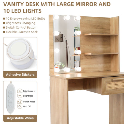 Vanity Desk Set Stool &amp; Dressing Table with LED Lighting Mirror Drawer and Wood Cosmetic Table Chest of Drawers Nature Color