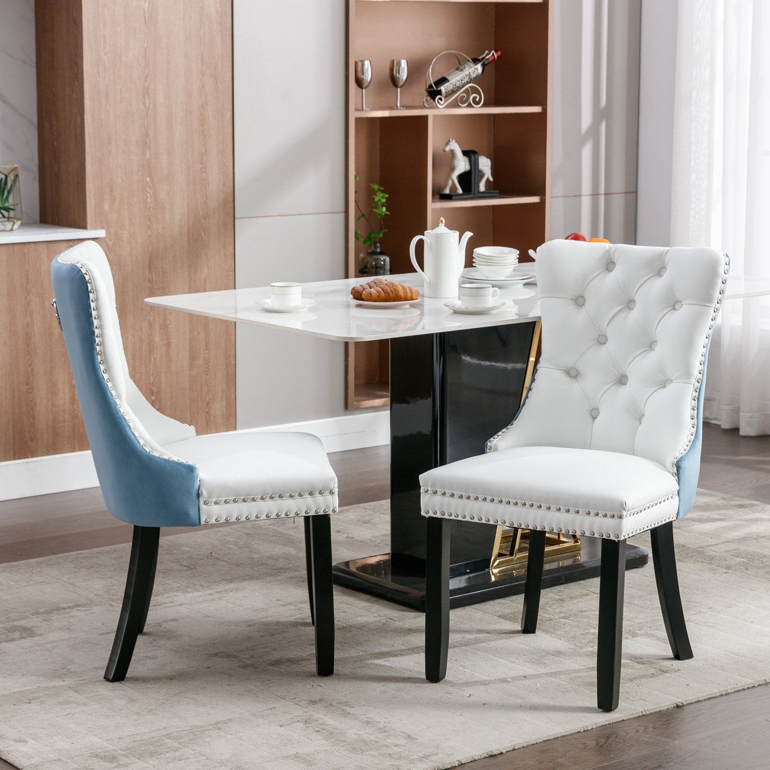 A&amp;A Furniture Nikki Collection Modern High-end Tufted Solid Wood Contemporary PU 2-Pcs Set White+Light Blue