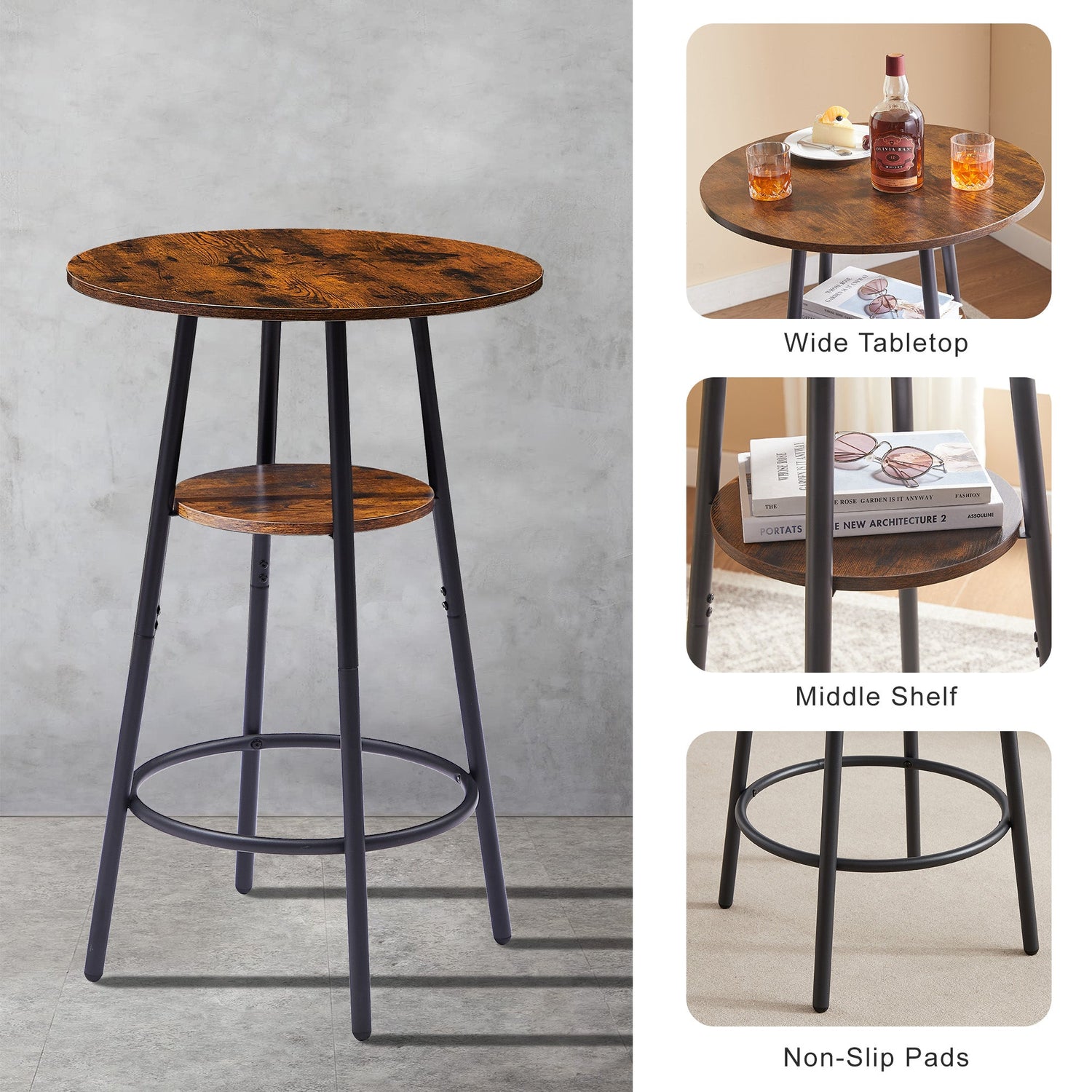 Round bar stool set with shelf upholstered stool with backrest Rustic Brown 23.62&