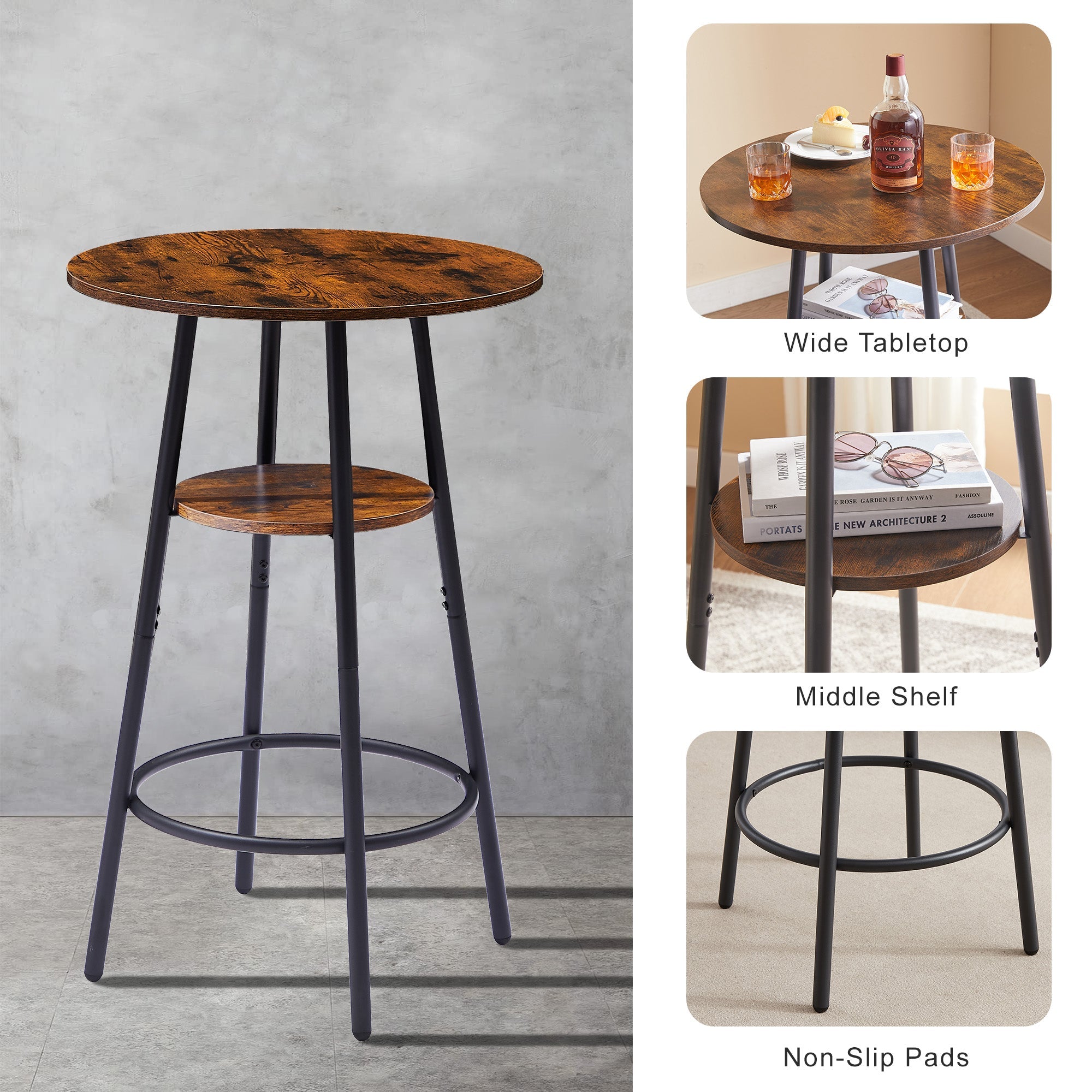 Round bar stool set with shelf upholstered stool with backrest Rustic Brown 23.62&