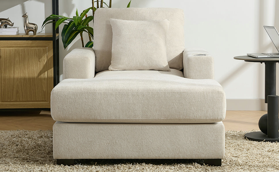 39.7" Oversized Chaise Lounger Modern Style Sofa Couch ,with Pillows, Charge Station &amp; Cup Holders, Chenille Fabric, Cream