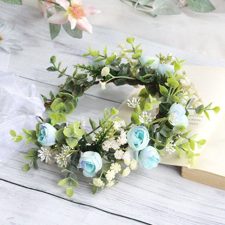 Forest style curled edge rose headband, simulated starry sky, eucalyptus wreath, bride&