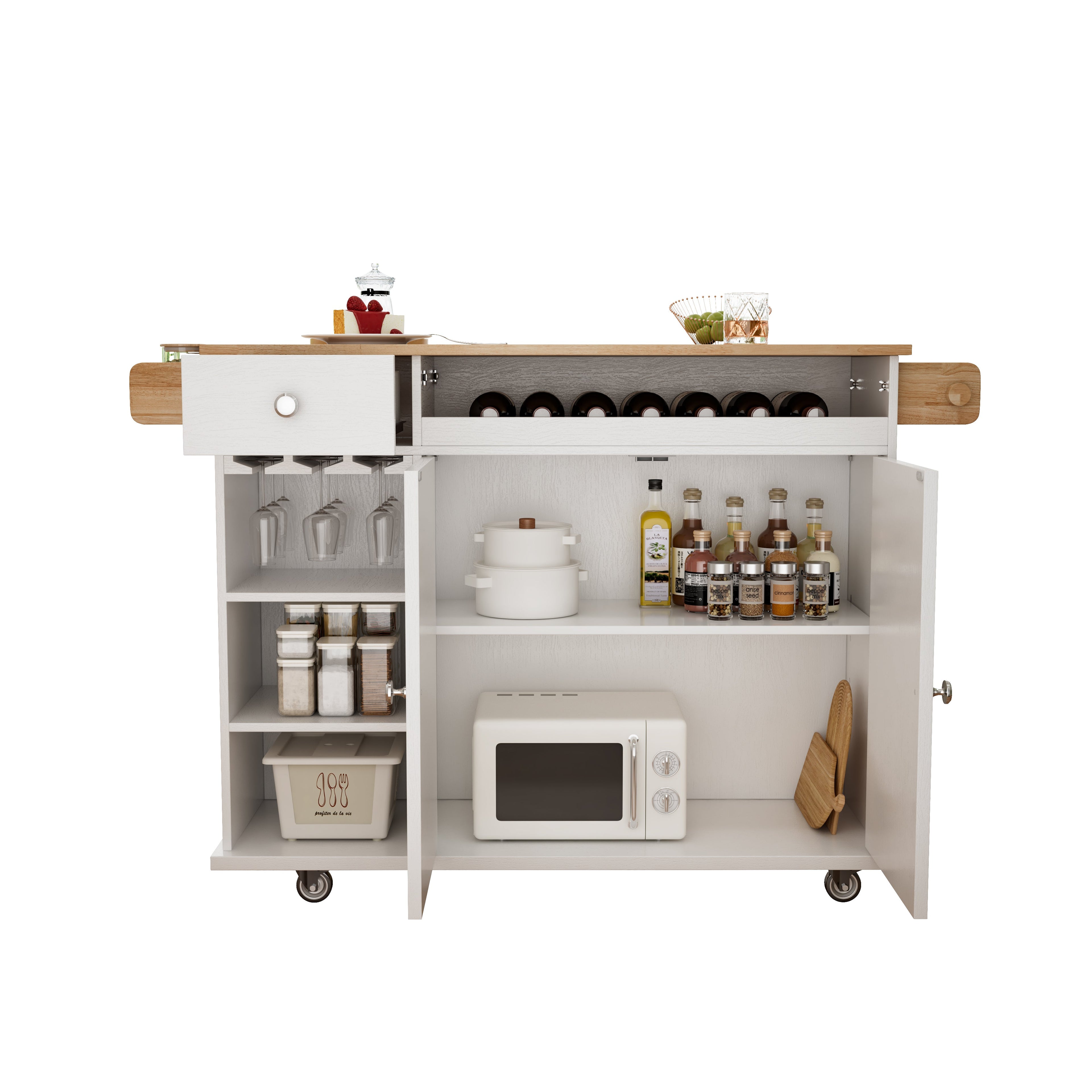 44 Inch Kitchen Island Cart with Solid Wood Top, Wine Storage, Spice Rack, Towel Rack, Wine Glass Holder White &amp; Oak