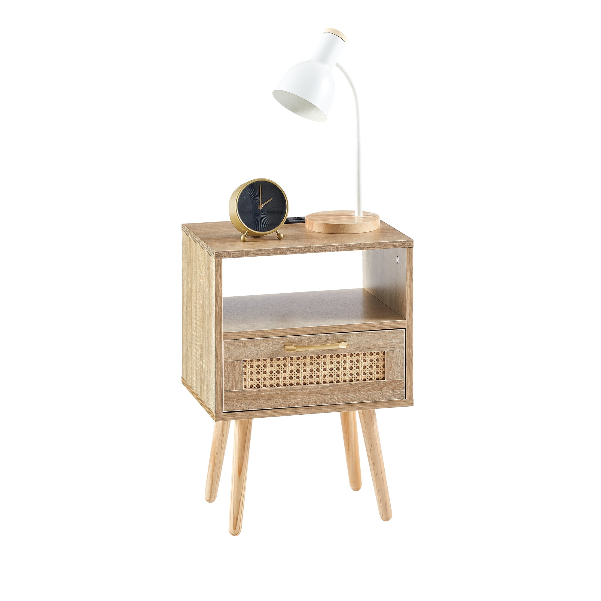 15.75" Rattan End table with Power Outlet &amp; USB Ports  Modern nightstand with drawer and solid wood legs
