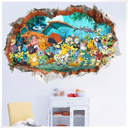 New 3D Pikachu Wall Sticker Pok é mon Wallpaper Self adhesive Cartoon Graffiti Anime Poster Children&