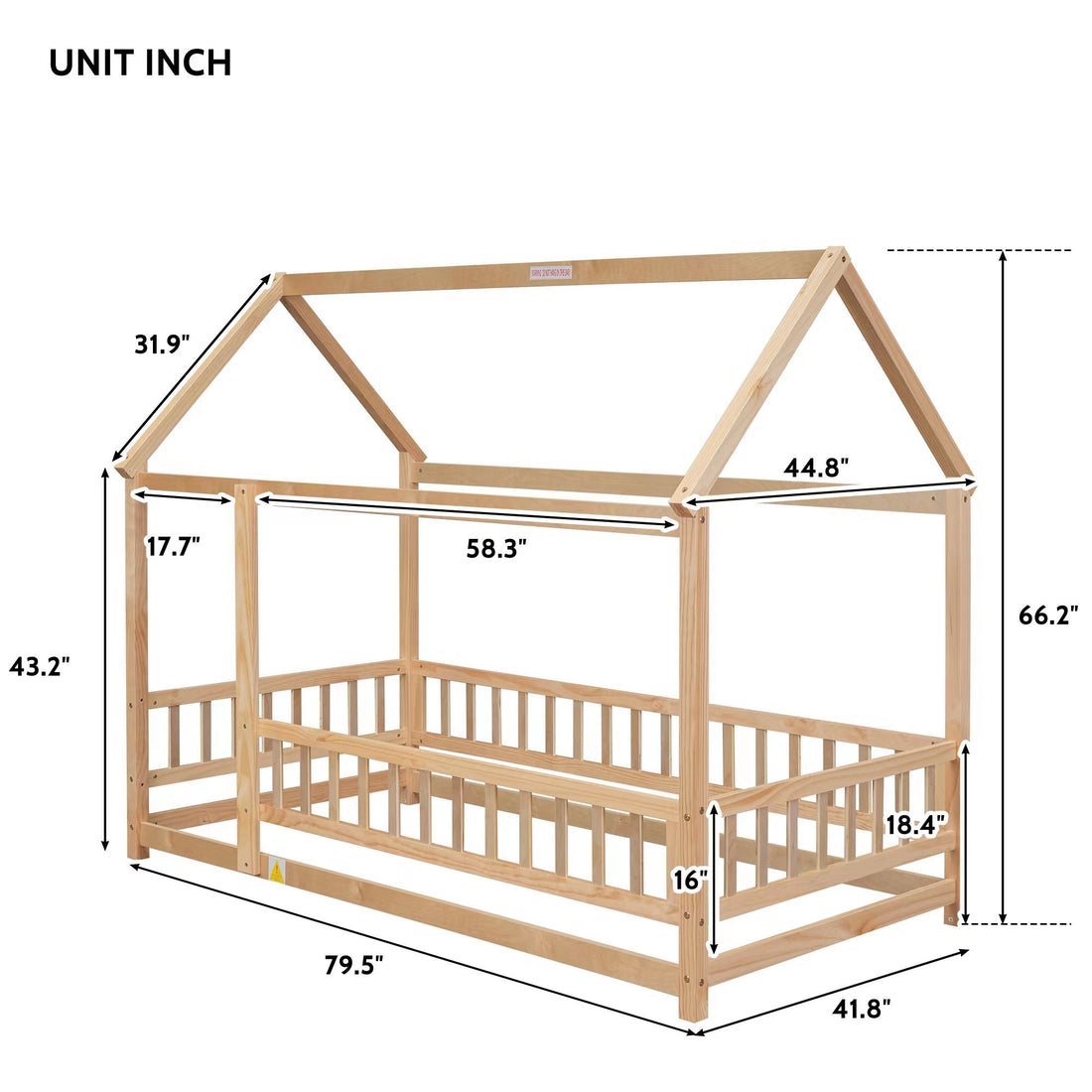 Twin Size Floor Wooden Bed with House Roof Frame, Fence Guardrails