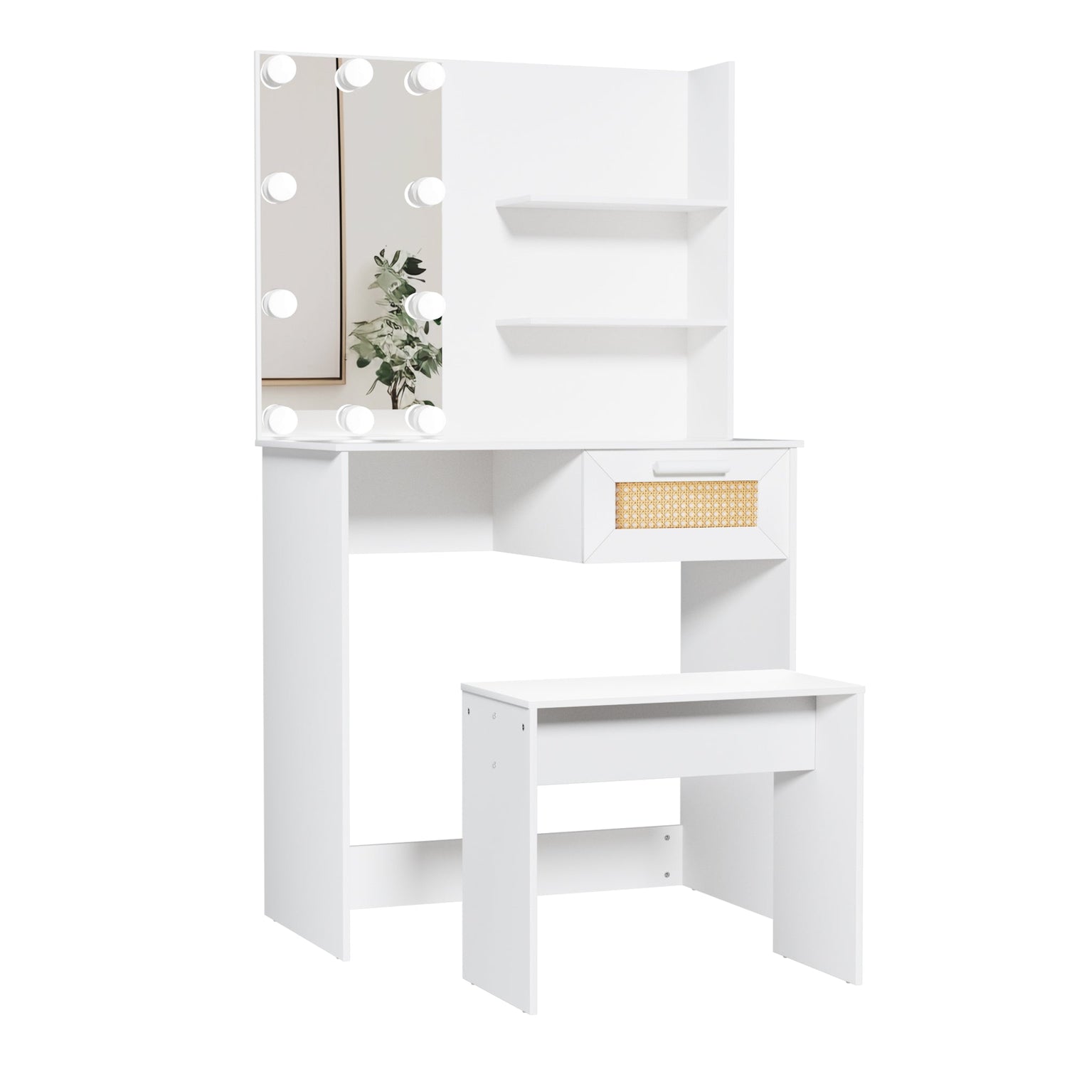 Vanity Desk Set Stool &amp; Dressing Table with LED Lighting Mirror Drawer and Wood Cosmetic Table Chest of Drawers White Color