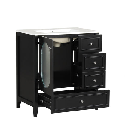 30" Bathroom Vanity with Sink, Bathroom Vanity Cabinet with Three Drawers and Door, Solid Wood and MDF, Black