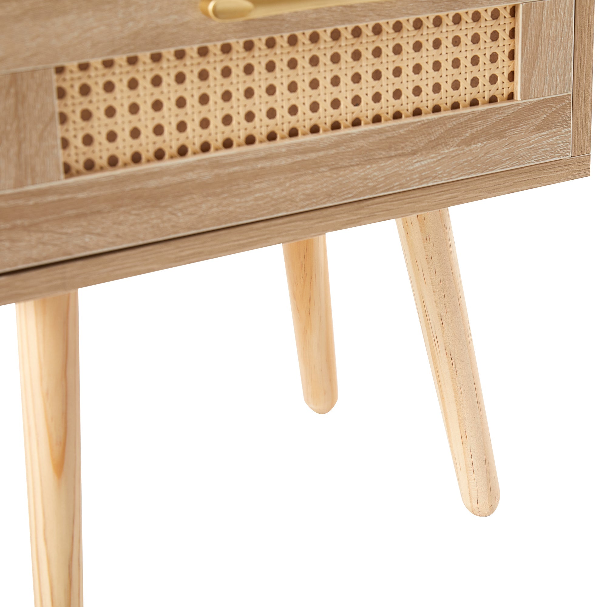 15.75" Rattan End table with Power Outlet &amp; USB Ports  Modern nightstand with drawer and solid wood legs