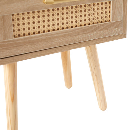 15.75" Rattan End table with Power Outlet &amp; USB Ports  Modern nightstand with drawer and solid wood legs