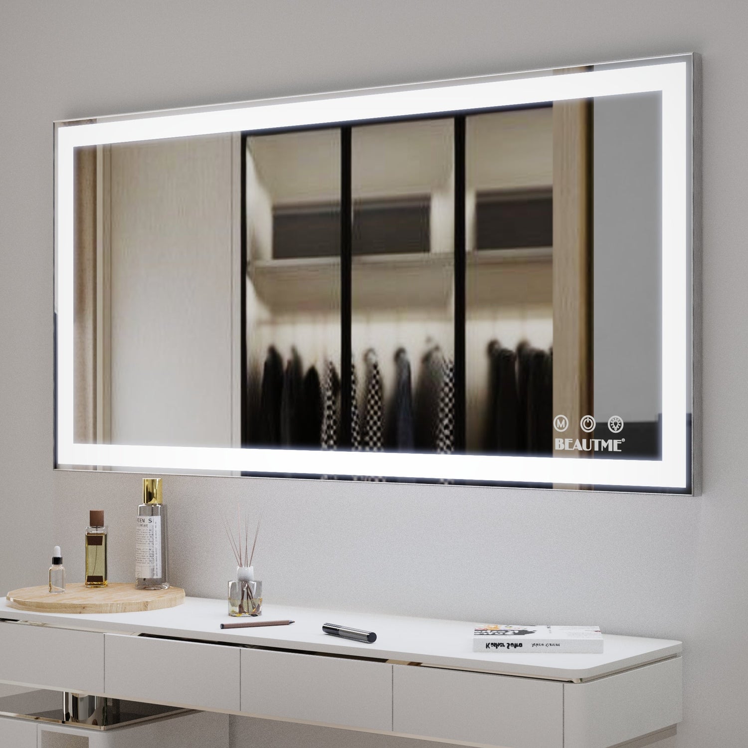 48x24 inch LED bathroom makeup mirror wall mounted adjustable light anti fog touch switch with memory intelligent large bathroom