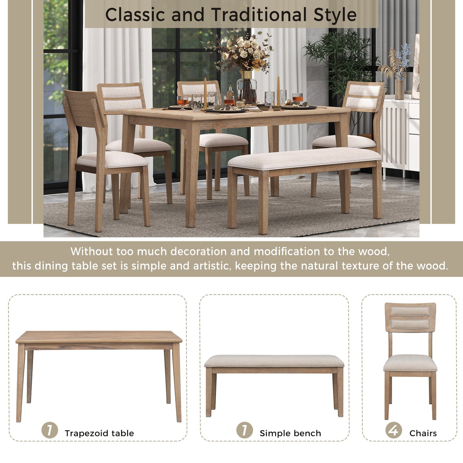 TREXM Classic and Traditional Style 6 - Piece Dining Set, Includes Dining Table, 4 Upholstered Chairs &amp; Bench (Natural Wood Wash）
