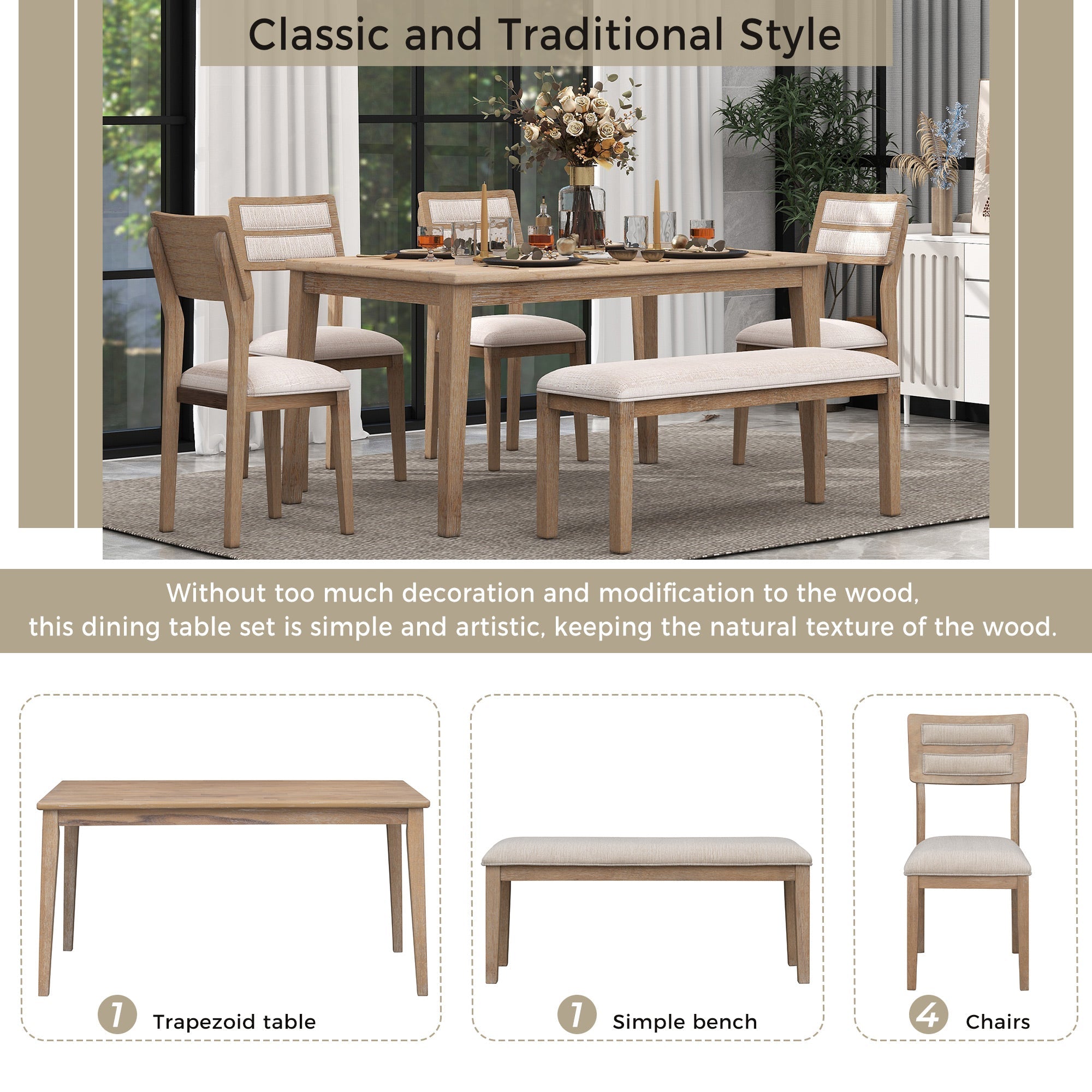 TREXM Classic and Traditional Style 6 - Piece Dining Set, Includes Dining Table, 4 Upholstered Chairs &amp; Bench (Natural Wood Wash）