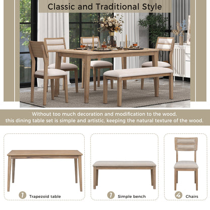 TREXM Classic and Traditional Style 6 - Piece Dining Set, Includes Dining Table, 4 Upholstered Chairs &amp; Bench (Natural Wood Wash）