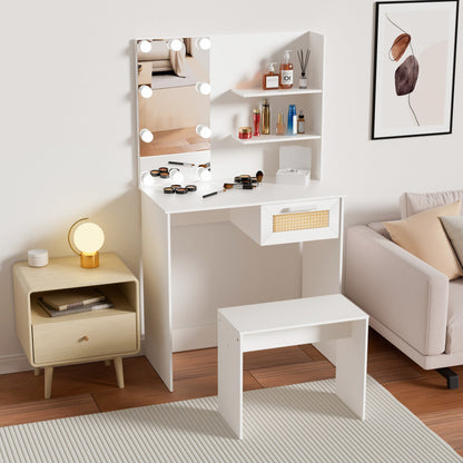Vanity Desk Set Stool &amp; Dressing Table with LED Lighting Mirror Drawer and Wood Cosmetic Table Chest of Drawers White Color
