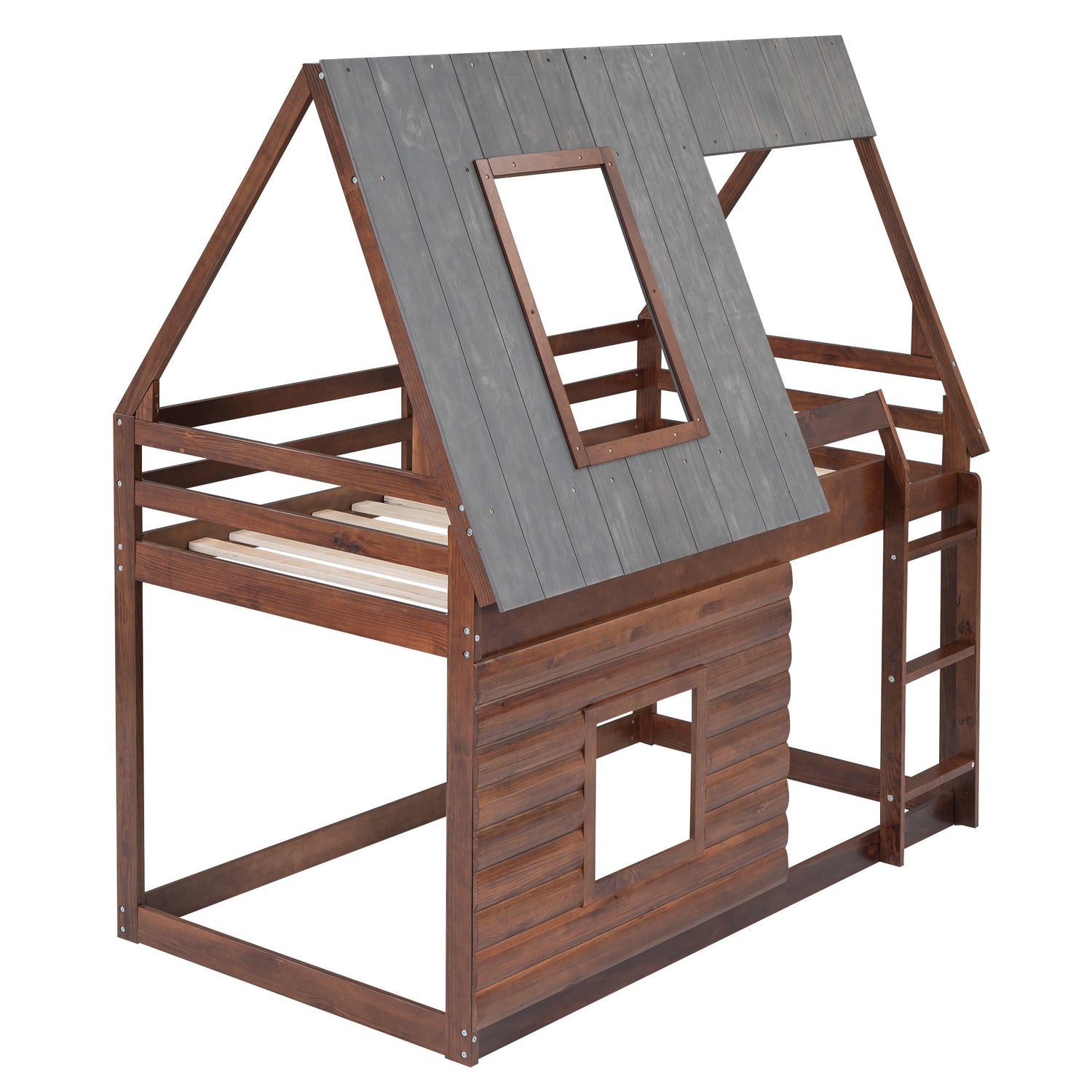 Wood Twin Size House Bunk Bed with Roof, Ladder and 2 Windows, Oak &amp; Smoky Grey