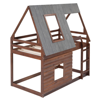 Wood Twin Size House Bunk Bed with Roof, Ladder and 2 Windows, Oak &amp; Smoky Grey