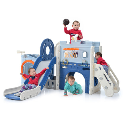 10-1 Toddler Slide Set,Kids Slide for Toddlers Ages 1+, Basketball Hoop Pirate Ship Themed Slide with Ship Head Indoor&amp; Outdoor