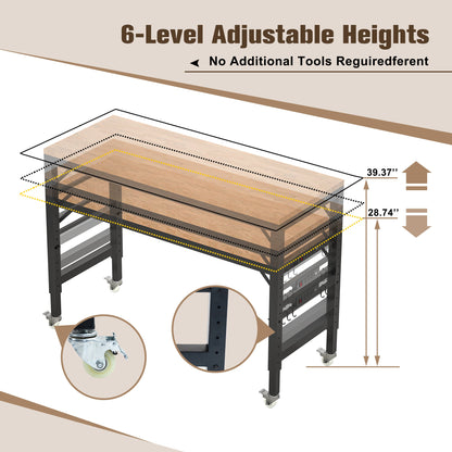 60 inch adjustable garage workbench, rubber wood heavy-duty workstation with power socket and wheels, 2000 pound load capacity
