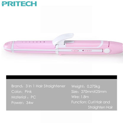 Pritech New Electric 3 In 1 Hair Straightener Curling Irons For Wet&amp;Dry Professional Hair Curler Styling