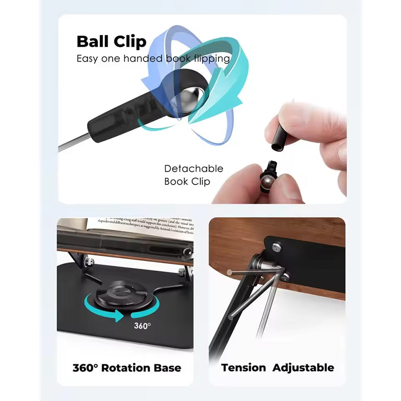 Adjustable 360° Rotating Book Stand with Elastic Clips, for Cookbooks, Laptops &amp; More