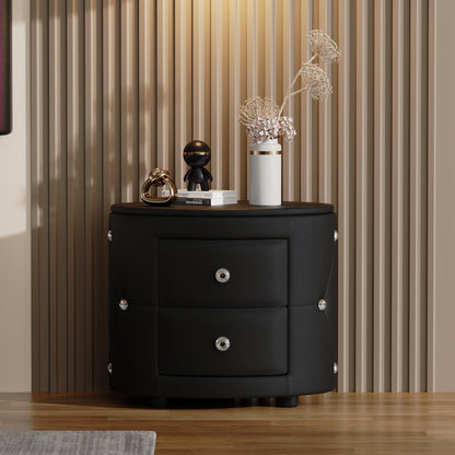 Elegant PU Nightstand with 2 Drawers and Crystal Handle,Fully Assembled Except Legs&amp;Handles,Storage Bedside Table - Black
