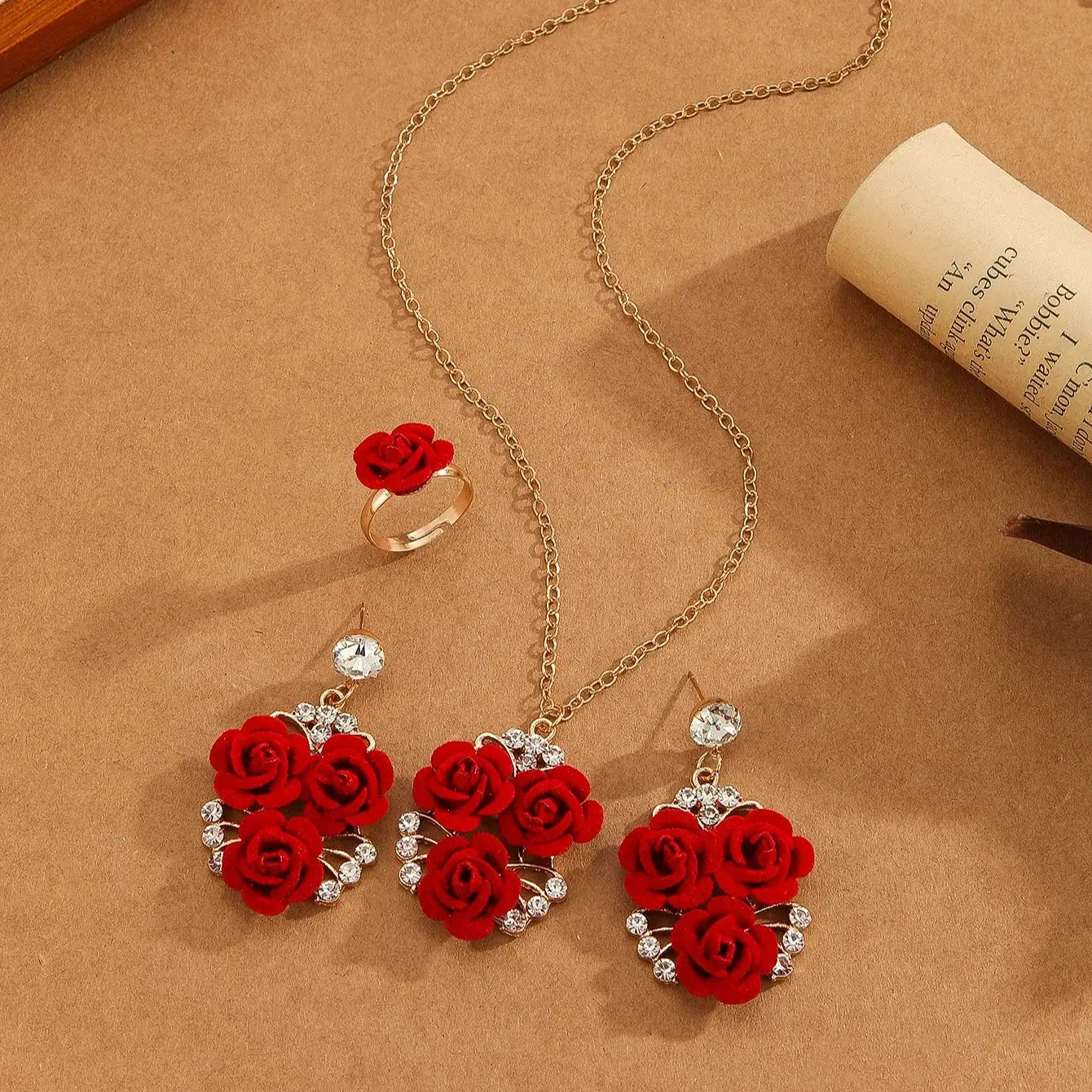 4pcs/Set Romantic Lovely Red Rose Flower Inlaid Rhinestone Pendant Necklaces+Dangle Earrings+Ring，For Women Valentine&