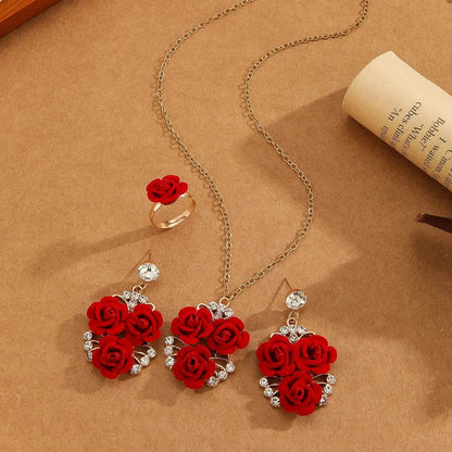 4pcs/Set Romantic Lovely Red Rose Flower Inlaid Rhinestone Pendant Necklaces+Dangle Earrings+Ring，For Women Valentine&