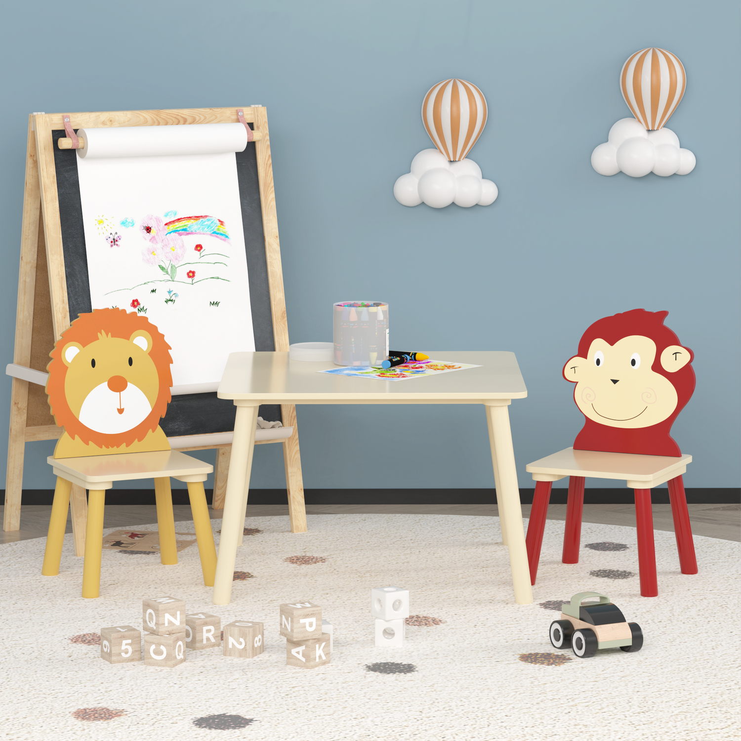 Kids Table and 2 Chairs Set 3 Pieces Toddler Table and Chair Set Wooden Activity Play Table Set (Lion&amp;Monkey)