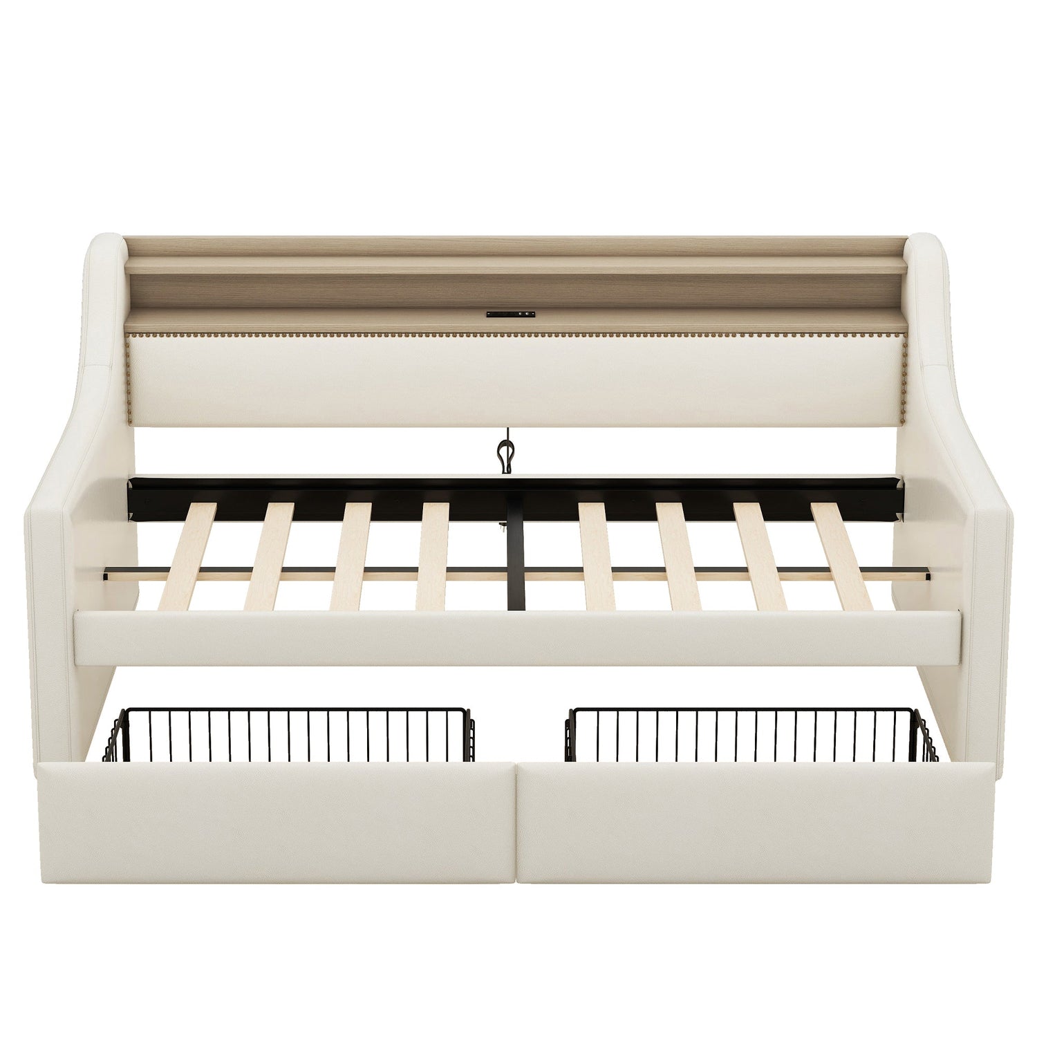 Twin Size Daybed with Storage Drawers, Upholstered Daybed with Charging Station and LED Lights, Beige