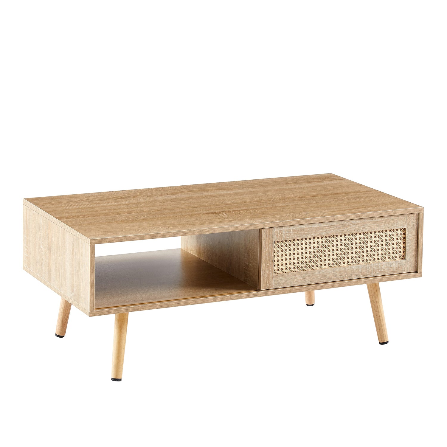 41.34" Rattan Coffee table sliding door for storage solid wood legs Modern table for living room  natural