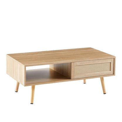 41.34" Rattan Coffee table sliding door for storage solid wood legs Modern table for living room  natural