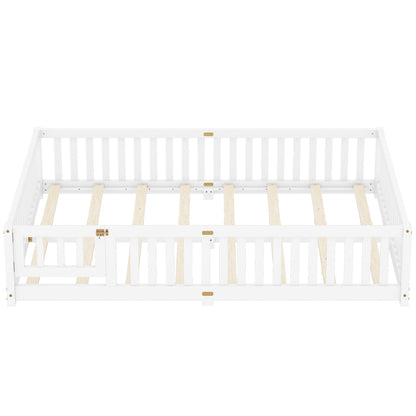 Queen Size Bed Floor Bed with Safety Guardrails and Door for Kids, White