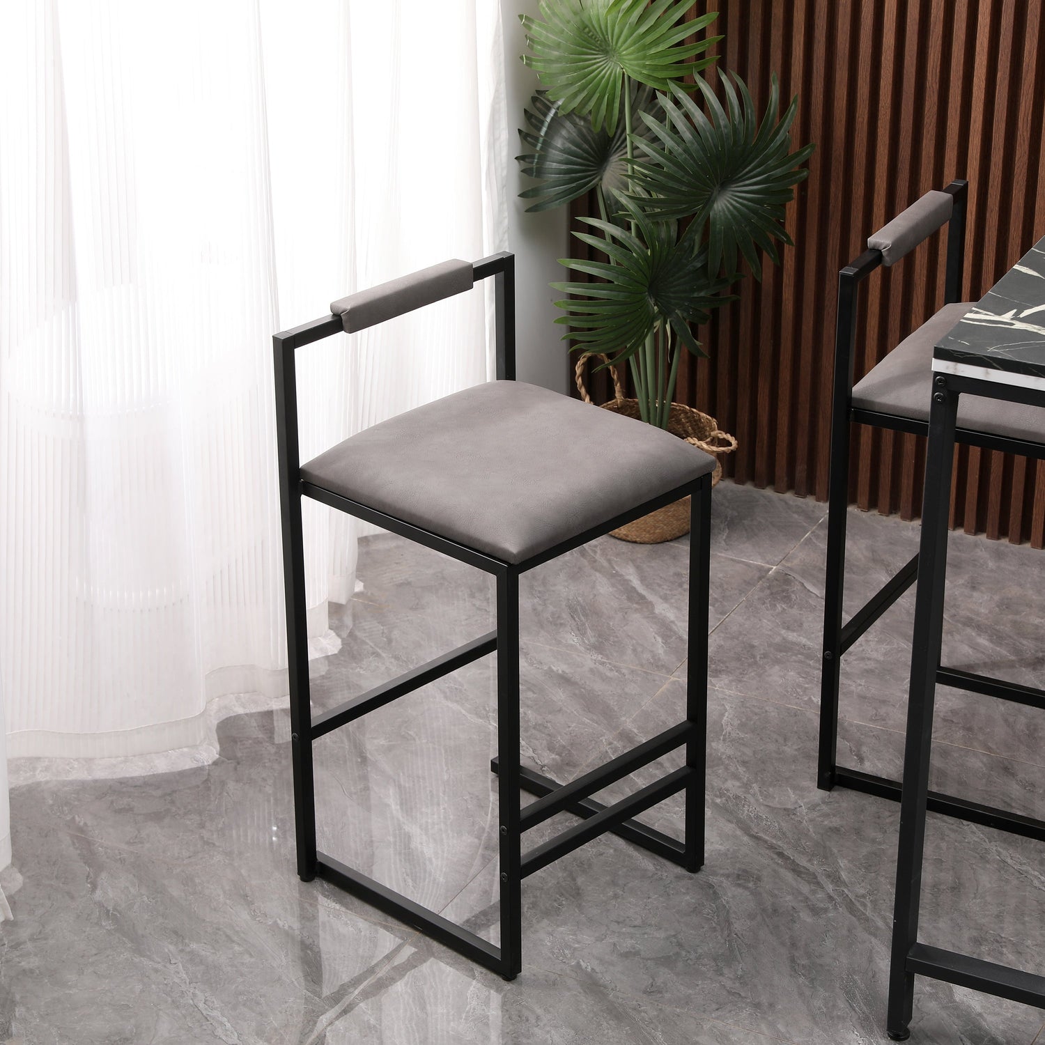 Set of 2 Counter Height Barstools Kitchen Island Stools (Gray with Back)