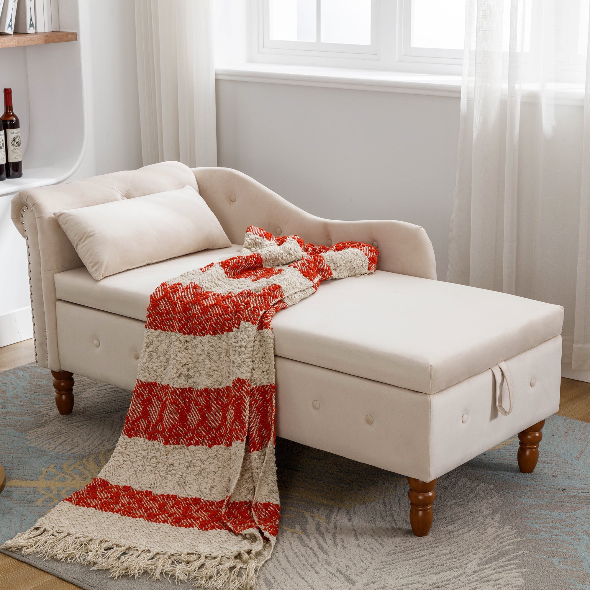 Beige Chaise Lounge Indoor Velvet Lounge Chair for Bedroom with Storage &amp; Pillow Modern Upholstered Rolled Arm Chase Lounge