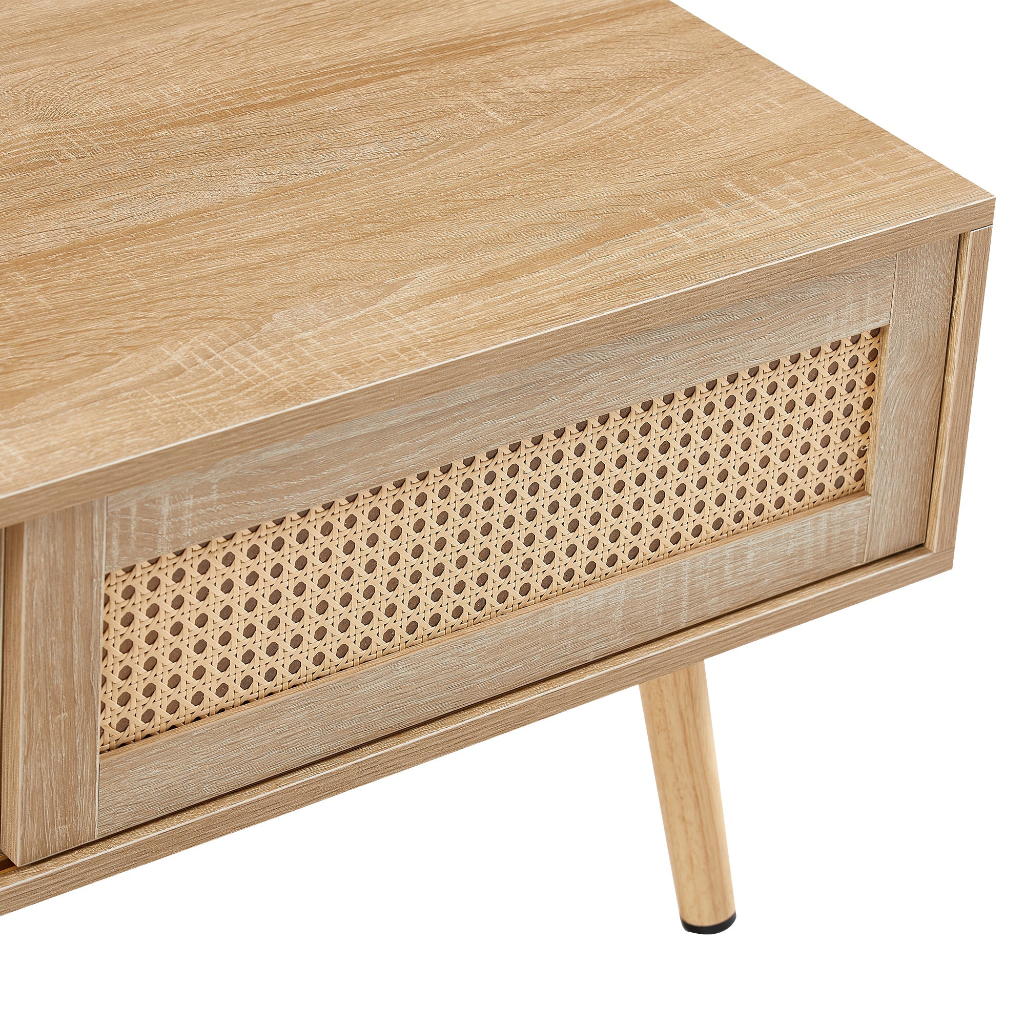41.34" Rattan Coffee table sliding door for storage solid wood legs Modern table for living room  natural