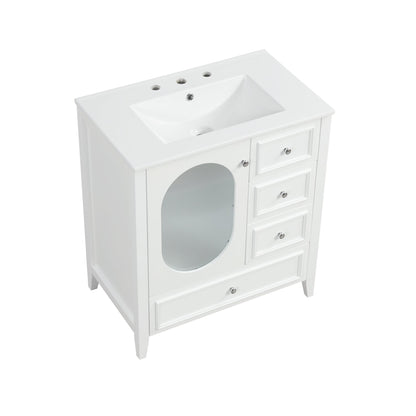 30" Bathroom Vanity with Sink, Bathroom Vanity Cabinet with Three Drawers and Door, Solid Wood and MDF, White