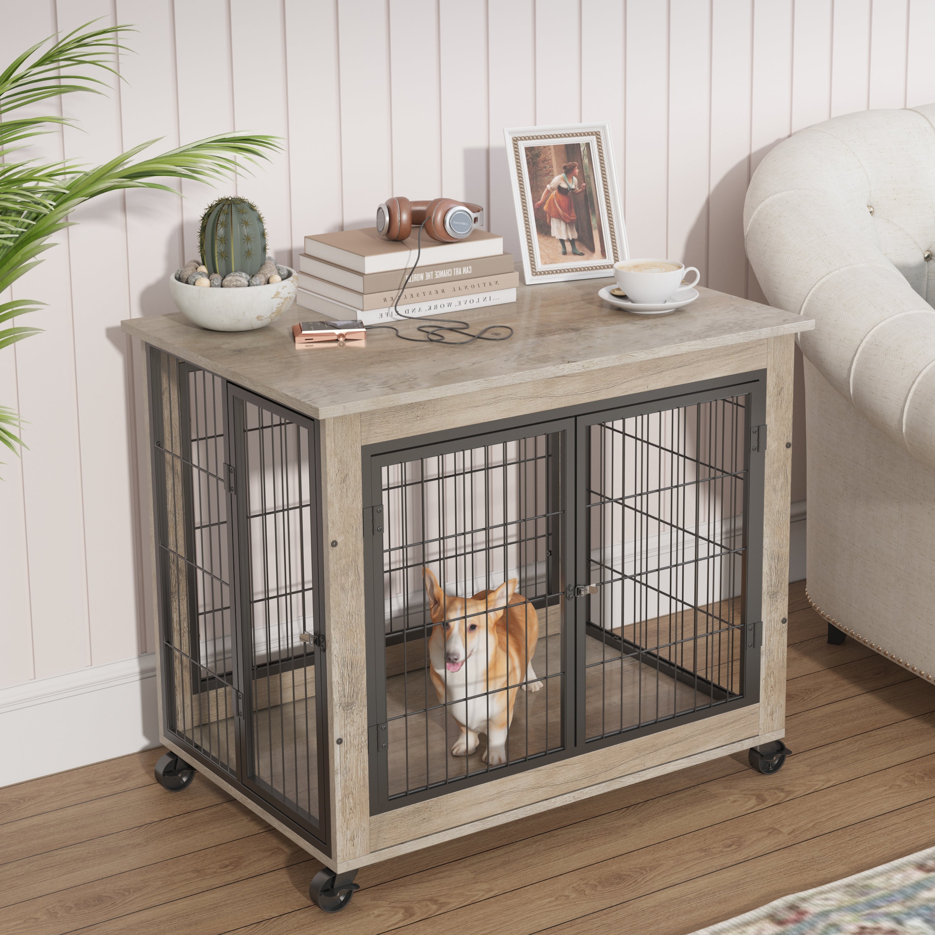 Furniture Dog Cage Crate with Double Doors on Casters. Grey, 31.50&