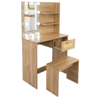 Vanity Desk Set Stool &amp; Dressing Table with LED Lighting Mirror Drawer and Wood Cosmetic Table Chest of Drawers Nature Color