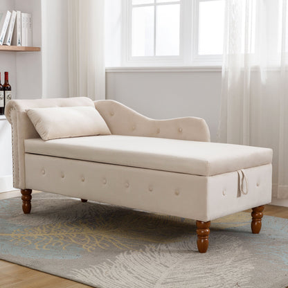 Beige Chaise Lounge Indoor Velvet Lounge Chair for Bedroom with Storage &amp; Pillow Modern Upholstered Rolled Arm Chase Lounge