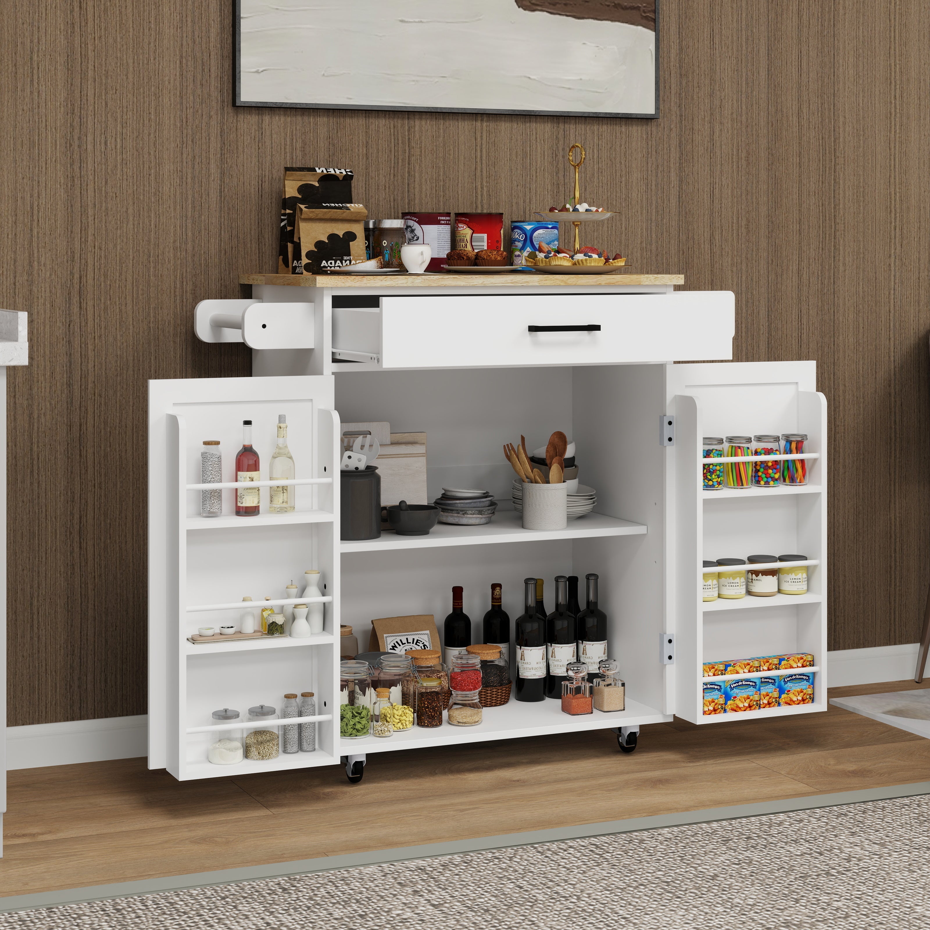 Kitchen island rolling trolley cart with 1 drawer &amp; 2 doors with storage racks &amp; Adjustable Shelves &amp; towel rack