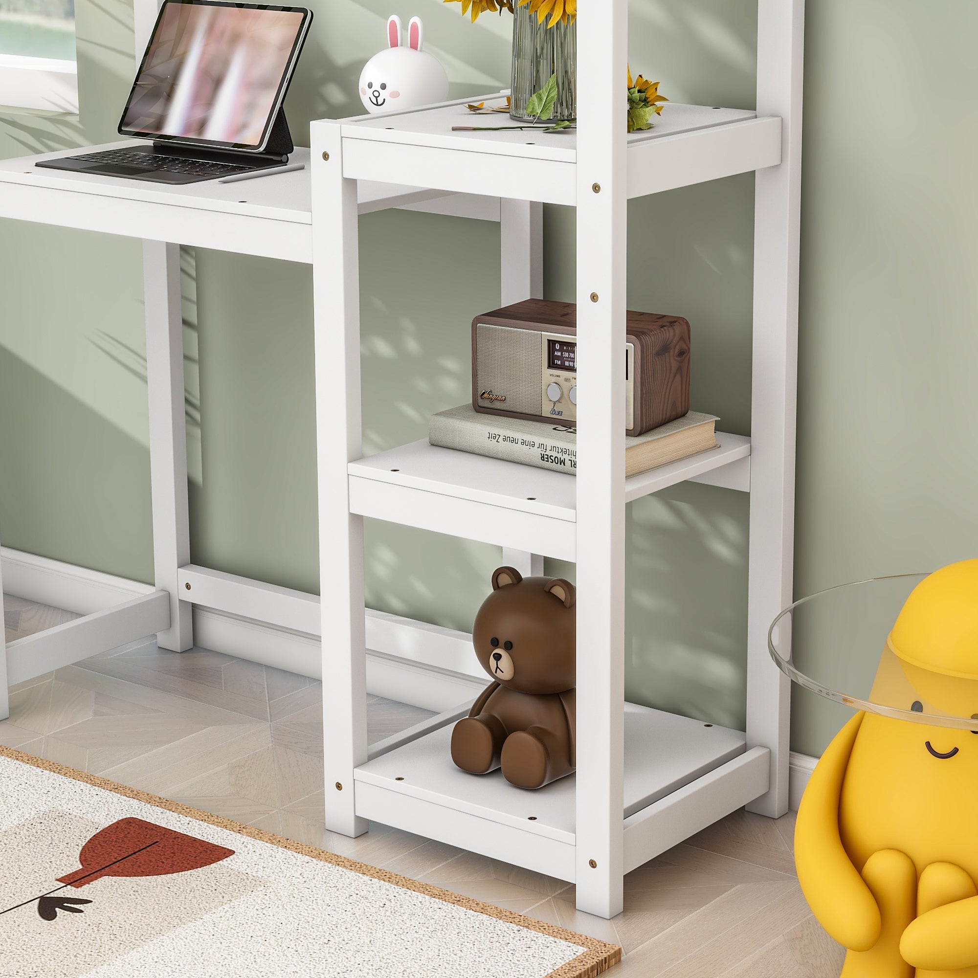 House-shaped Wooden writing Desk,Kids study Table,Bookshelf &amp; Toy Storage,White